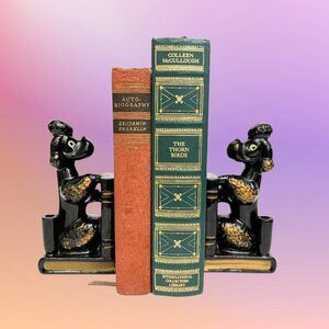 Vintage Black Poodle Bookends Midcentury Ceramic Redware